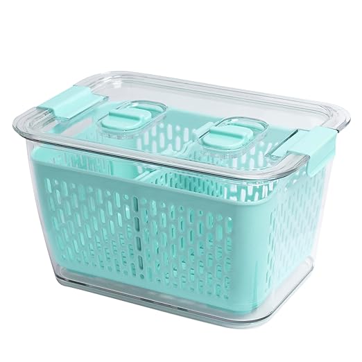 Kitchen Spaces Colander Bin, Produce Saver, Fridge Organizer With Lid, Wash, Strain and Store, Great for Refrigerator, Freezer and Pantry, Medium, Mint Green, Pack of 1