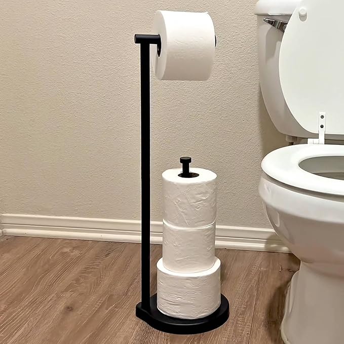 theaoo Heavy-Duty Toilet Paper Holder Stand – Modern Freestanding Bathroom Toilet Tissue Paper Roll Holder with Reserve & Storage, Stainless Steel (Black, Free Standing)