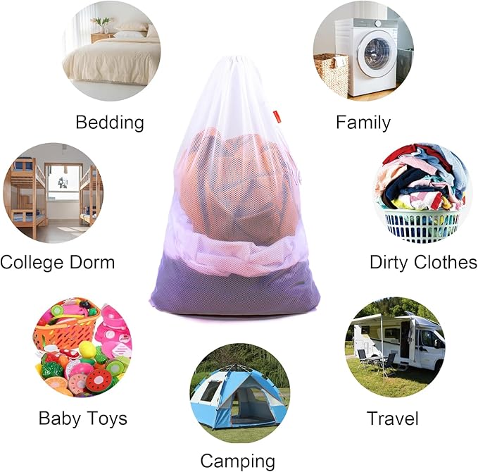 3 Pack Mesh Laundry Bags, 24 x 36 Inches Heavy Duty Drawstring Bag, Factories, College, Dorm, Travel and Apartment Dwellers, (2 White & 1 Black)