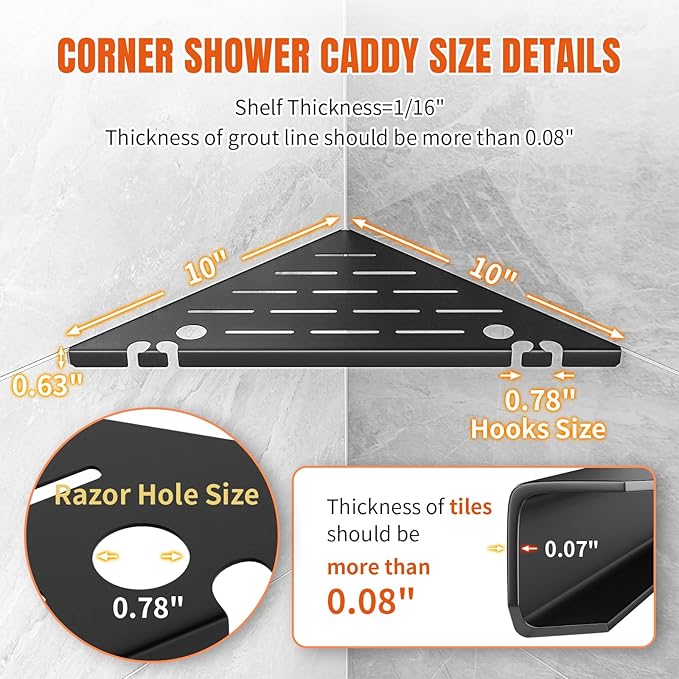 HBXS Shower Corner Shelf Organizer Rack with Hooks & Razor Hole, No Drilling Tile Shower Shelves, Rustproof Stainless Steel Bathroom Shelves Basket, Modern Corner Shelf for Bathroom, 2Pack-Black
