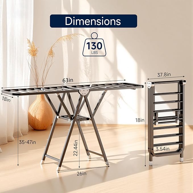 MIKEE Clothes Drying Rack,Foldable Laundry Drying Rack for Indoor & Outdoor Use，with Height-Adjustable Wings，2-Tier Clothes Rack with Windproof Hanging Holes and Wheels，132 lbs