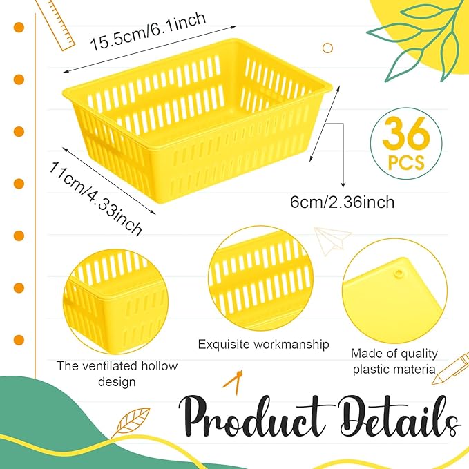 Sherr 36 Pack Classroom Storage Basket Small Plastic Basket for Organizing Crayon Pencil Container Storage Bin Tray Holder for Paper Shelf Back to School Office Supply 6.1"l x 4.3"w x 2.4"h(Yellow)