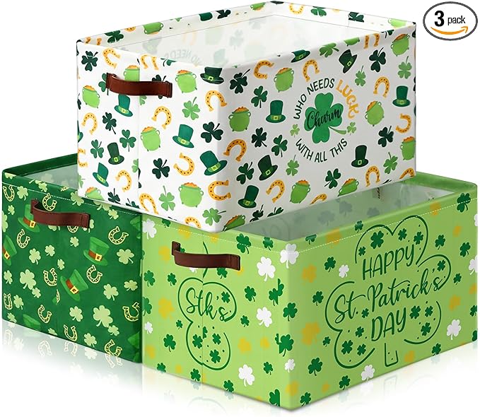 Boao 3 Pack Saint Patrick's Day Storage Baskets for Gifts Empty Collapsible Large Lucky Clover Storage Bins, Canvas Laundry Basket with Handle for Office Home Bedroom Clothes Toys, Irish Holiday Decor