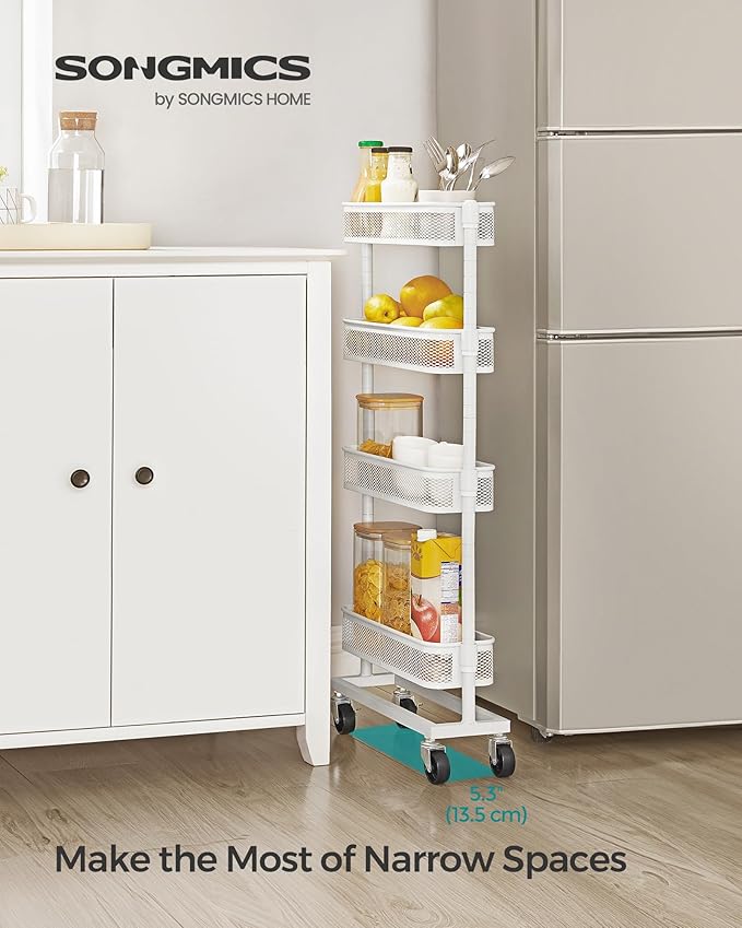 SONGMICS Slim Storage Cart, 4-Tier Metal Rolling Cart with Wheels, Flexible Baskets, Narrow Cart for Kitchen, Bathroom, Laundry Room, Easy Assembly, White UBSC065W01