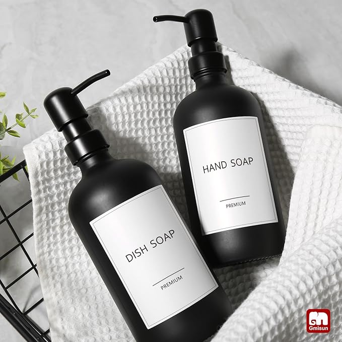 GMISUN Black Soap Dispenser, 2 Pack Matte Black Hand Soap Dispensers for Bathroom, 17 Fl Oz Glass Dish Soap Dispensers for Kitchen with Stainless Steel Pump, Modern Liquid Soap Bottle