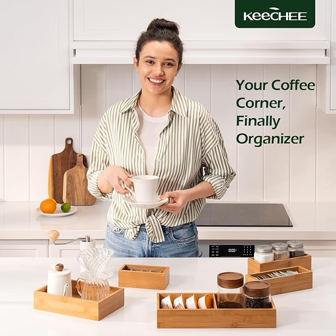 5-Piece Bamboo Drawer Organizer Set, 2.2" Deep Multi-Use Organizers for Utensils, Silverware, Cutlery, Desk, Bathroom, Junk Drawer & Makeup, Non-Slip Feet Included.