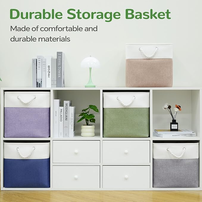12 x 12 Inch Cube Storage Bins, 4 Pack Fabric Storage Basket with Handles, Foldable Boxes Organizer for Shelf Baskets for Home, Clothes (White/Green)