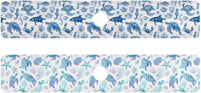 Blue Turtles Fish Crabs Seahorse Starfish Coral Kitchen Sink Splash Guard Sink Faucet Mat Faucet Handle Drip Catcher Drain Mats for Kitchen Bathroom Countertop Absorbent