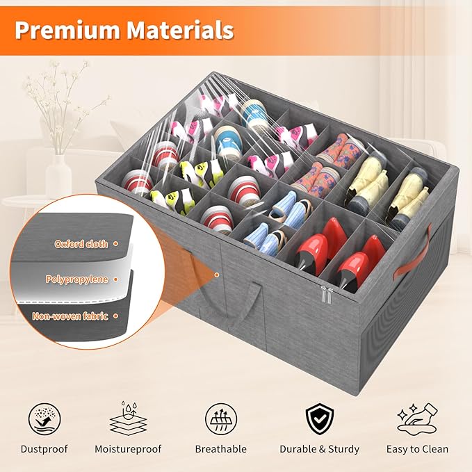 Aokeyee 2 Pack Shoe Organizer for Closet, Large Shoe Storage Box Fits up to 48 Pairs, Space Saving Foldable Shoes Organizer Bin w/Clear Cover and 4 Reinforced Handles, Grey
