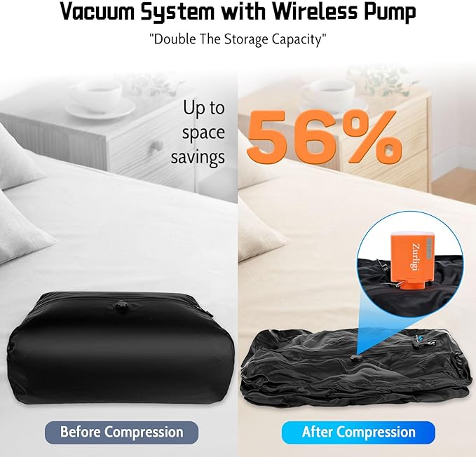 Zurligi Vacuum Bags with Pump for Travel – IPX8 Waterproof Reusable Carry-On Compression Bags for Clothes, Suitcase & Luggage(2-Pack, Black)