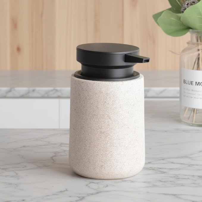 Liquid Soap Dispenser with Easy-to-Press Pump, 10 oz Refillable Hand Soap Dispenser with Extended Spout for Bathroom Kitchen Dish Lotion, Modern Stone Texture (Beige)