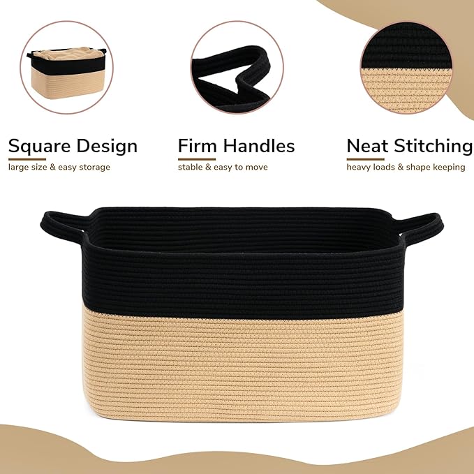 Goodpick Large Woven Storage Basket, 21.6" x 14.9" x 11.8" Rectangle Cotton Rope Laundry Basket with Handles, Baby Toy Blanket Storage for Living Room, Bedroom
