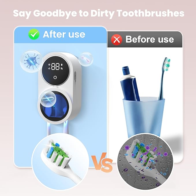Biodzzs Toothbrush Holder and Cleaner for Bathroom Light Cleaning Fan Drying Round in Circle Automatic Rotating Cover Wall Mounted Smart Home Gadgets (01 White)