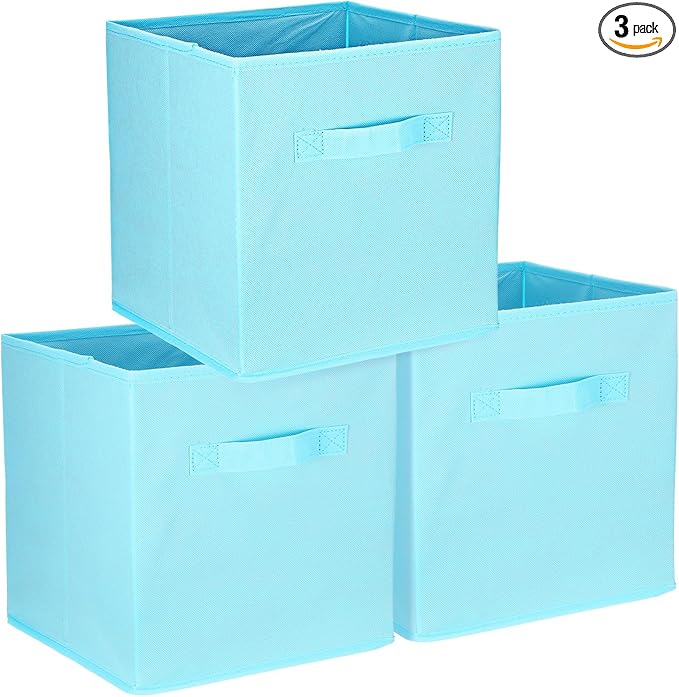 uxcell 3Pcs Fabric Storage Bins, 11 Inch Cube Storage Bin Foldable Storage Cube Organizer Bins with Handles for Shelf Closet, Nursery Home, Bedroom(Sky Blue)