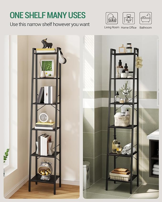 Ladder Shelf, Bookshelf Bookcase, Freestanding Corner Storage Shelve with 2 Hooks for Home Office, Living Room, Kitchen, Bedroom, Industrial, 11.8" D x 13.4" W x 72.8" H, Black BC13304B