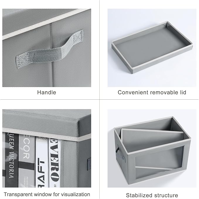 Storage Bins with Lids - Fabric Closet Storage Bins with Window, Collapsible Baskets for Shelves 4 Pack, Home Decorative Boxes for Clothes, Closet, Office, Grey