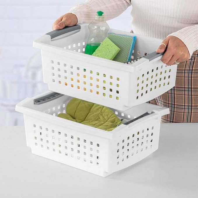 Sterilite Stackable Storage Bin and Organization Basket with Flip Down Accent Rails for Home and Household Organization, Medium, White (30 Pack)