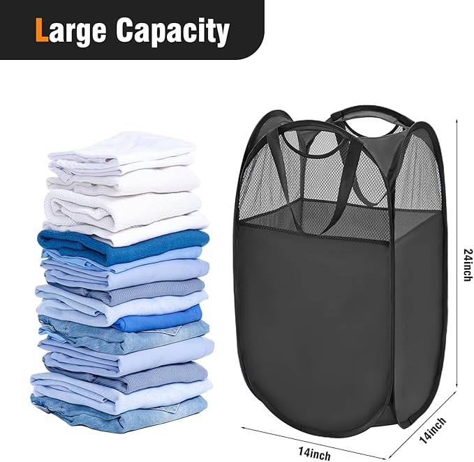 TECHMILLY Pop Up Foldable Laundry Basket, Mesh Laundry Hamper with Reinforced Handles for Dirty Clothes Storage in Dorm, Laundry Room, Bathroom, Black(Fabric), 2 Pack