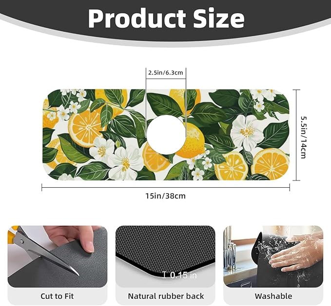 Faucet Draining Mat For Kitchen Sink, Yellow Lemons Green Leaves Diatom Mud Absorbent Drain Pad For Bathroom Kitchen Sink Splash Guard Drying Mat