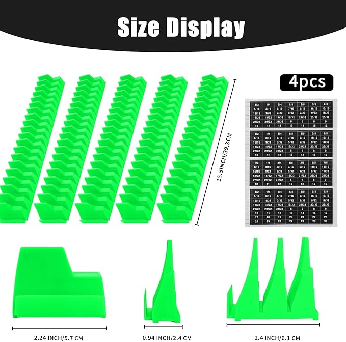 80 Pcs Modular Wrench Organizer Holder Set with Metric & SAE Labels, Wrench Rack for Toolbox Drawer Storage, Includes 9-Grid Clear Parts Box (Green)