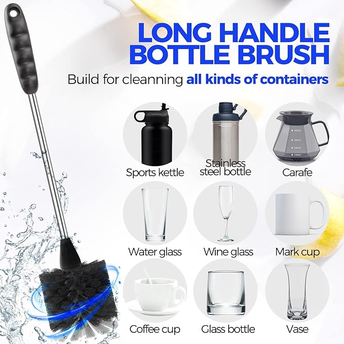 Holikme 6 Pack Bottle Brush Set, 14" Long Handle Stainless Steel Bottle Cleaner Brush, 3 Straw Brushes, 3-in-1 Bottle Cleaning Brush for Water Bottle, Antistatic Lab Brushes, Straws Black