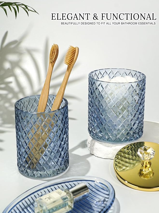 Blue Bathroom Accessories Set, 4Pcs Glass Bathroom Accessory Set Complete w/Lotion Soap Dispenser, Toothbrush Holder, Qtip Holder, Soap Dish, Gold Bathroom Decor Sets, Gift for Home Apartment