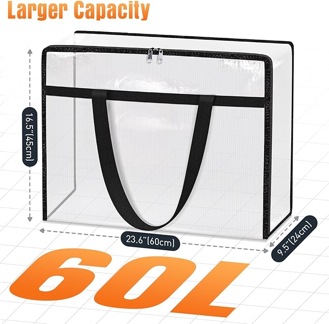 Clear Under Bed Storage Containers - 6 Pack Large Capacity Clothes Storage Bags with Lid & Sturdy Handles, Foldable Moving Bags, Clothing Organizer Totes for Bedding, Comforter, Sheet（60 L）