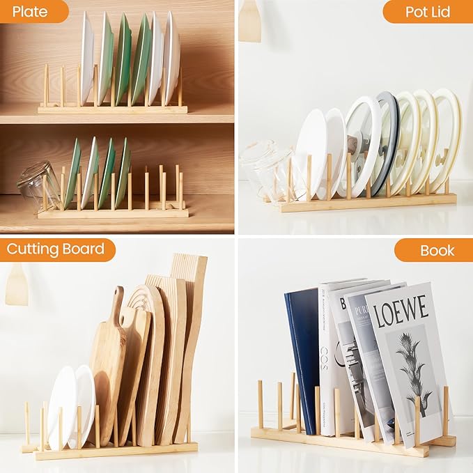 4 PCS Bamboo Dish Dying Rack - Pot Lid Plate Organizer Holder for Cabinet - Cutting Board Organizer-Plate Rack for Dish, Pot Lid, Bowl, Cup, Cutting Board