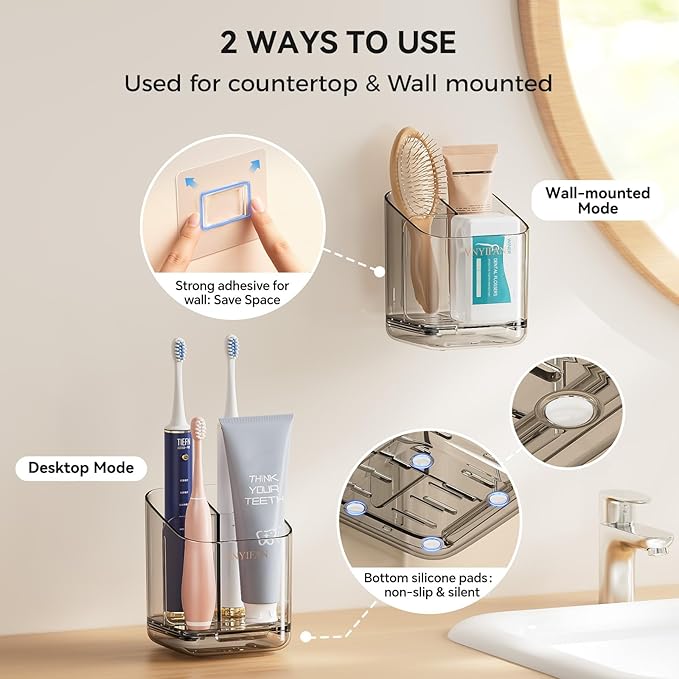 Toothbrush Holders for Bathrooms, 3 Slots Detachable Toothbrush Holder Wall Mounted with Divider, Removable Electric Tooth Brush and Toothpaste Holder Organizer for Bathroom Countertop/Kitchen/Office