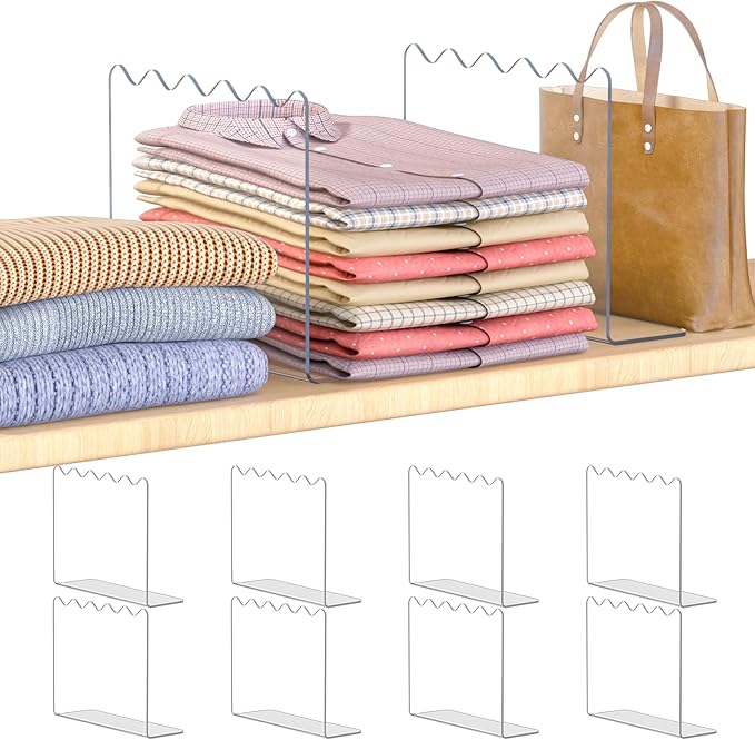 OKPOW Shelf Dividers for Closet Organization: 10" Tall X 12" Deep, Acrylic Clear Separators for Clothes, Vertical Shelf Dividers, Storage for Sweater Purse Handbag Shirts, 8 Pack