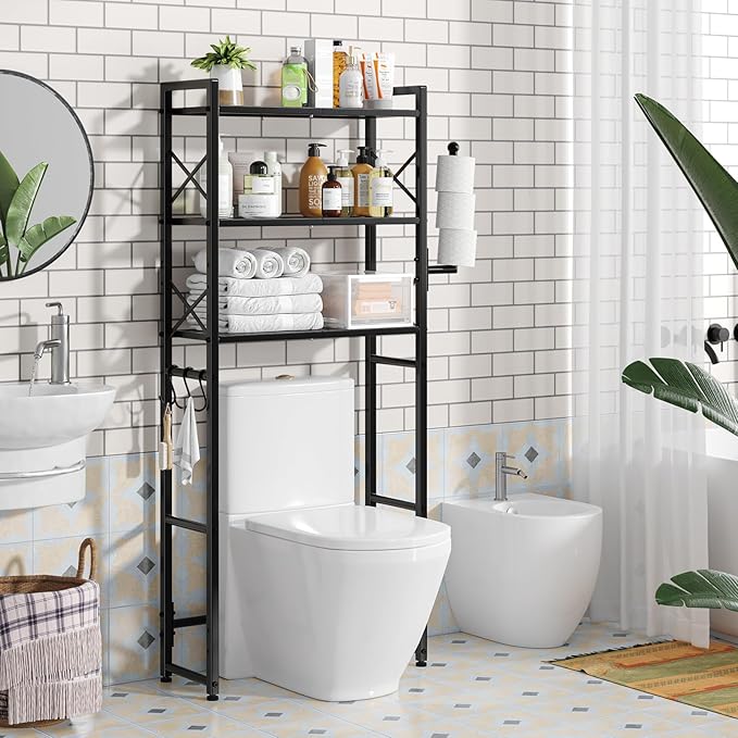 Simple Trending Over The Toilet Storage Rack with Toilet Paper Holder, Heavy Duty Metal 3 Tier Bathroom Organizer Shelf with 3 Hooks,Black