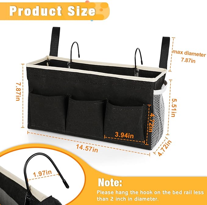 Lilithye Bedside Caddy Bedside Organizer Bedside Storage Caddy with Fixed Straps and Water Bottle Holder for Home College Dorm Bunk Bed Hospital Bed Crib Bed Rails (Black)