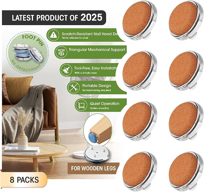 Chair Leg Floor Protectors Furniture Sliders Curved Felt Material Furniture Pads Nail-on Chair Sliders (Set of 8) 25mm,Round,Move Your Furniture Easily & Safety