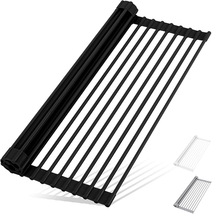 Roll Up Dish Drying Rack Over The Sink Kitchen Roll Up Sink Drying Rack Multipurpose Foldable Sin Drying Mat, Heat-Resistant, Anti-Slip & Anti-Rust Dish Rack for Kitchen, 20.5" x 13", Black