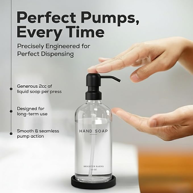 Glass Hand Soap Dispenser Bathroom Set by Brighter Barns - Bathroom Soap Dispenser Set - Refillable Pump Bottle with Tray - Neutral Home Decor for Airbnb, Hotel, Vacation Rental, Restaurants (Clear)