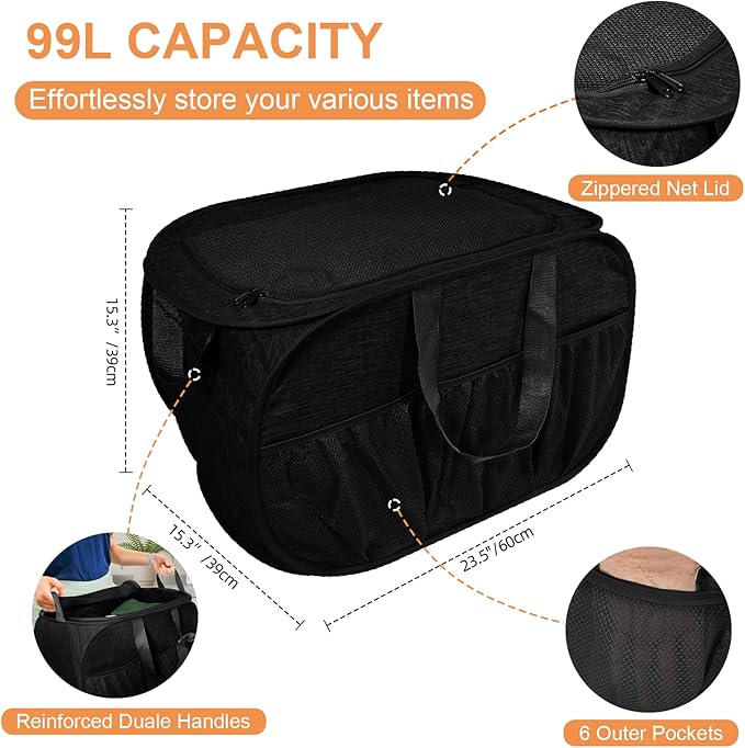 2 Pack Collapsible Laundry Baskets with Lid, Foldable Laundry Basket with Handy Pockets, Pop Up Laundry Hamper with Dual Handles, 99L Sturdy Hampers for Clothes, Groceries, Supplies, Tools, Black
