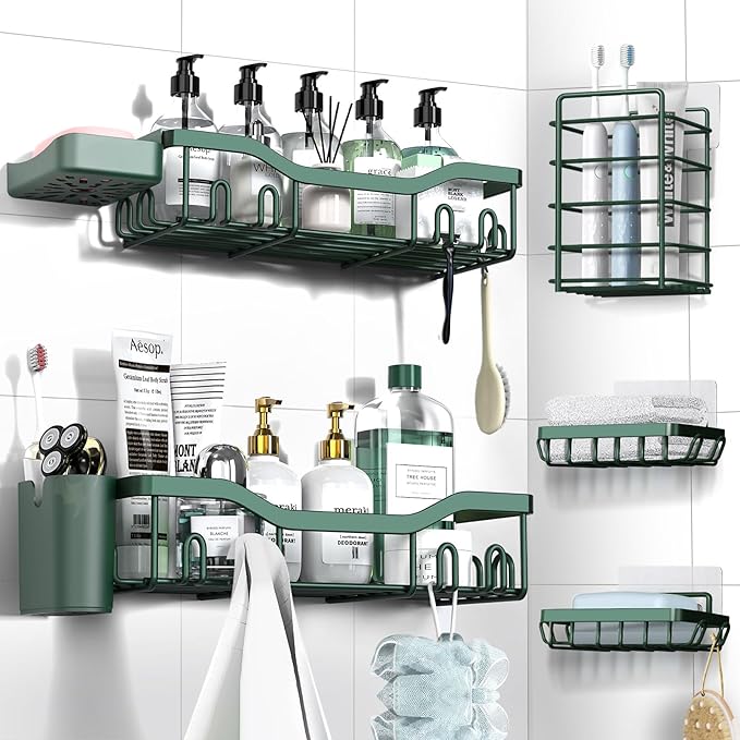 Shower Caddy Adhesive Shower Organizer 7-Pack, Rustproof Stainless Steel Bathroom Shelves, Large Capacity No-Drill Rack Storage Accessories with Soap Dish Toothbrush Holder Hooks
