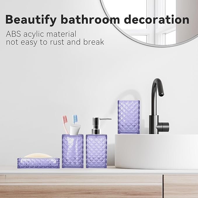 Bathroom Accessory Set, 4 PCS Light Purple Bathroom Accessories Set, Soap Dispenser and Toothbrush Holder Set, Soap Dish and Mouthwash Cup, Boho Bathroom Decor, Bathroom Sets Accessories