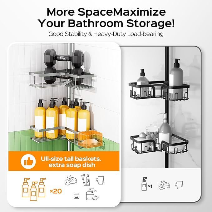 HAMITOR Shower Caddy Tension Pole: 4-Tier Corner Rustproof Bathroom Organizer with Soap Holder - No-Drill Adjustable Shower Shelf for Renters - Small Space Storage Rack for Apartment - 47-123 Inch