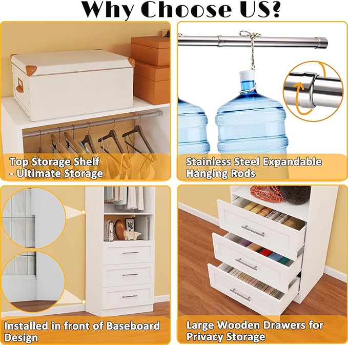 Closet System with 4 Sets, Closet Organizer Systems with 6 Drawers & 8 Hanging Rods & Adjustable Shelves, Walk in Closet Freestanding Closet System Modular Closet System Set White