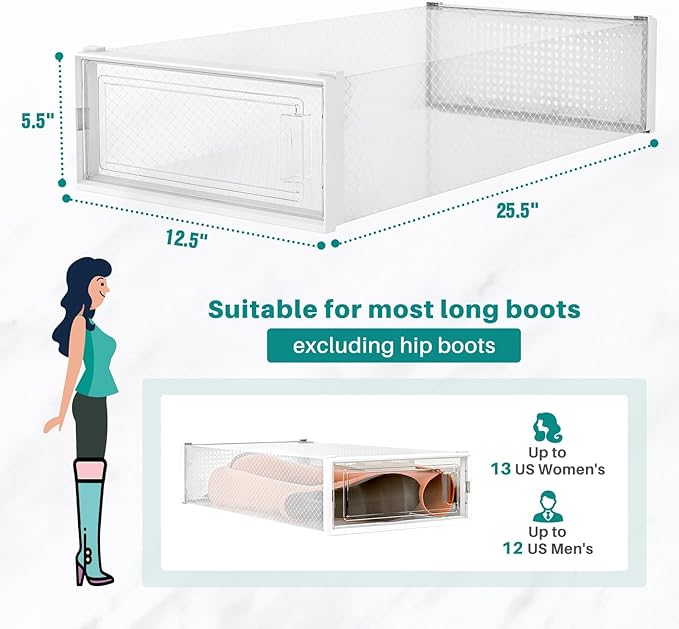 PARANTA 4-Piece Extra Large Boot and Shoe Storage Boxes, Stackable Clear Plastic Shoe Organizer, Space-Saving Shoe Boxes for Boots, Sneakers, and High Heels, Clear