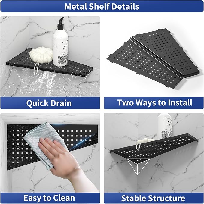 Bernkot Corner Shower Shelf, Matte Black 12" 304 Stainless Steel Trapezoid Grout in Shelf with Grid Hollows Design, Recessed Bathroom Shelves for Tiled Wall Retrofit, 2 Pack