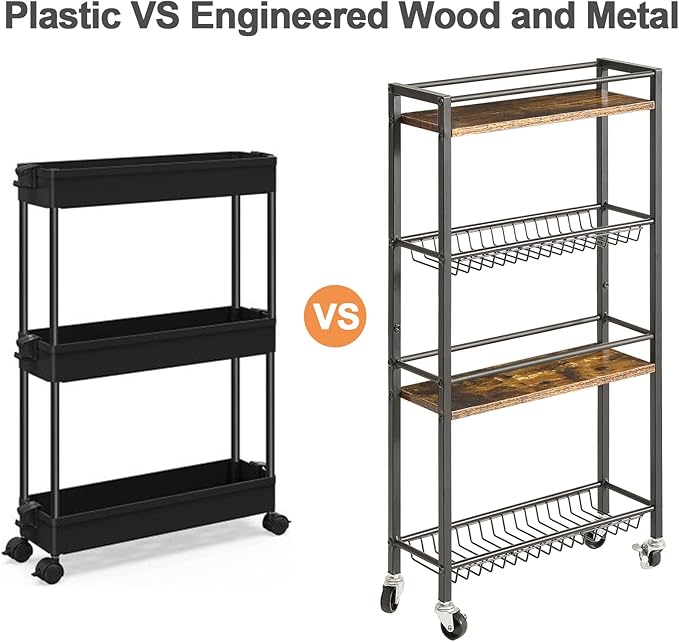 YMYNY Slim Kitchen Storage Rolling Cart, 4-Tier Utility Cart on Wheels, for Narrow Spaces, Laundry Room, Dining Room, Bathroom, 32.7" H Shelving Unit with Mesh Baskets, Rustic Brown UHBR002H