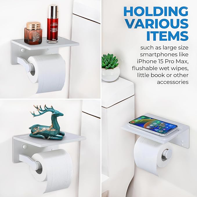 Homely Trove Toilet Paper Holder with Phone Shelf - Tissue Roll Holder Bathroom Storage Dispenser - Adhesive Toilet Paper Holder Wall Mount Bathroom Décor - Matte White