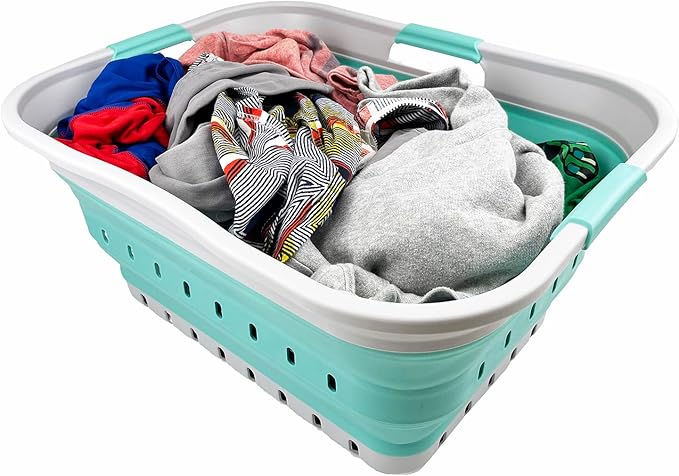 SAMMART 42L (11 gallon) Collapsible Plastic Laundry Basket - Foldable Pop Up Storage Container/Organizer - Portable Washing Tub - Space Saving Hamper/Basket (Grey/Pine)