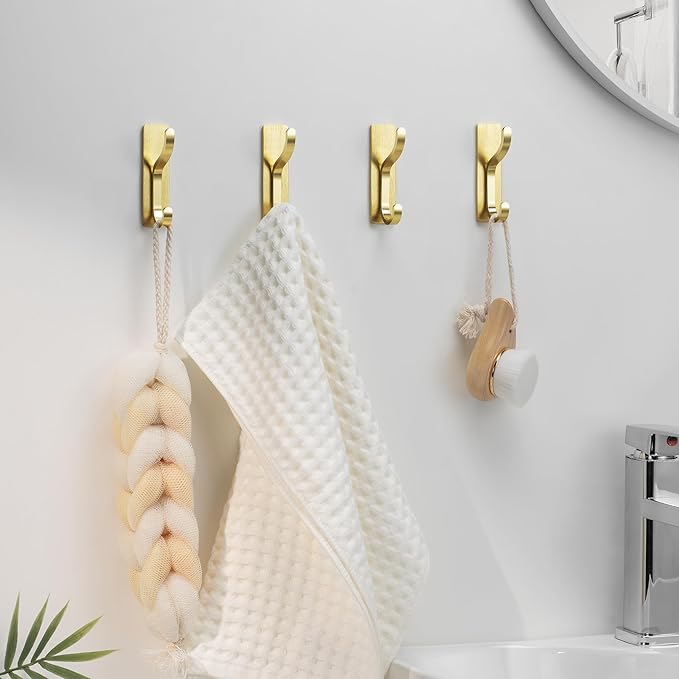 niffgaff Wall Hooks for Coat and Towel: 13lb Adhesive Door Hanger Stick On, Sticky Hook for Wall, Closet, Bathroom - Stainless Steel, Brushed Gold, 4 Pack