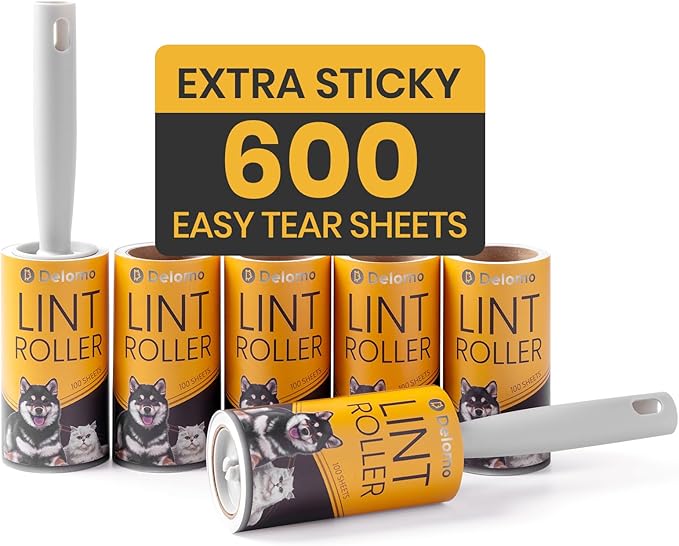 DELOMO Lint Roller 600 Sheets (2 Rollers + 4 Refills) - Lint Rollers for Pet Hair Extra Sticky, Mega Value Pet Hair Removal Tool for Clothes/Couch/Furniture/Car - Ideal Home Gift for Pet Owners