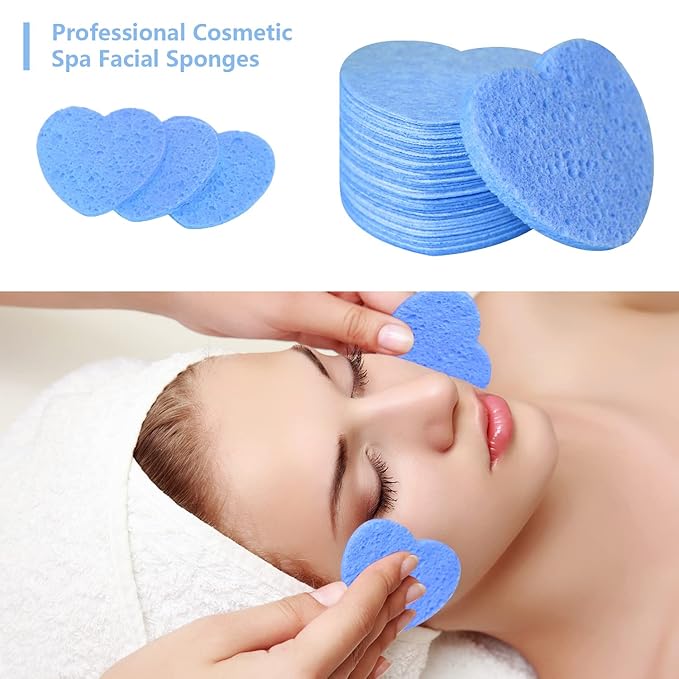 100-Count Compressed Facial Sponges for Estheticians Heart Shape Natural Cellulose Sponge Professional Cosmetic Spa Sponges for Face Cleansing, Massage, Pore Exfoliating, Mask, Makeup Removal, Blue