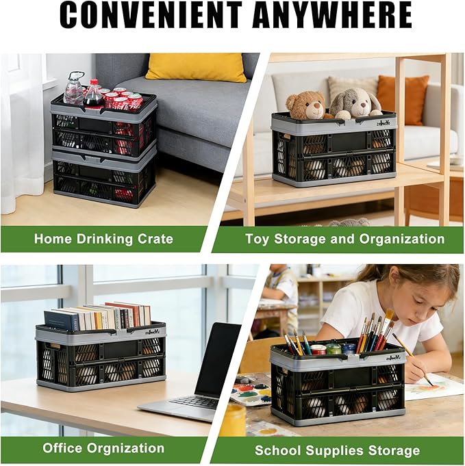 Plastic Baskets with handles,2-pack Black Collapsible crates for storage,14.96"x9.84"x7.87" foldable shopping basket ,foldable crate with Handles for car Classroom Kitchen Bathroom Medicine Milk