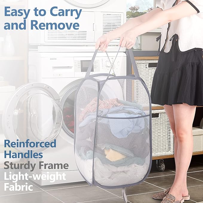BATTOO Deluxe Strong Mesh Pop up Laundry Hamper Basket with Side Pocket for Laundry Room, Bathroom, Kids Room, College Dorm or Travel 2 x Grey